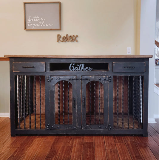 Custom dog kennel, dog crates, double dog kennel, rustic furniture, dog kennel furniture, pet kennel, pet kennels, Large dog kennel, barn sliding door, farmhouse furniture, rustic buffet, entertainment center, The Dog Branch, Farmhouse table