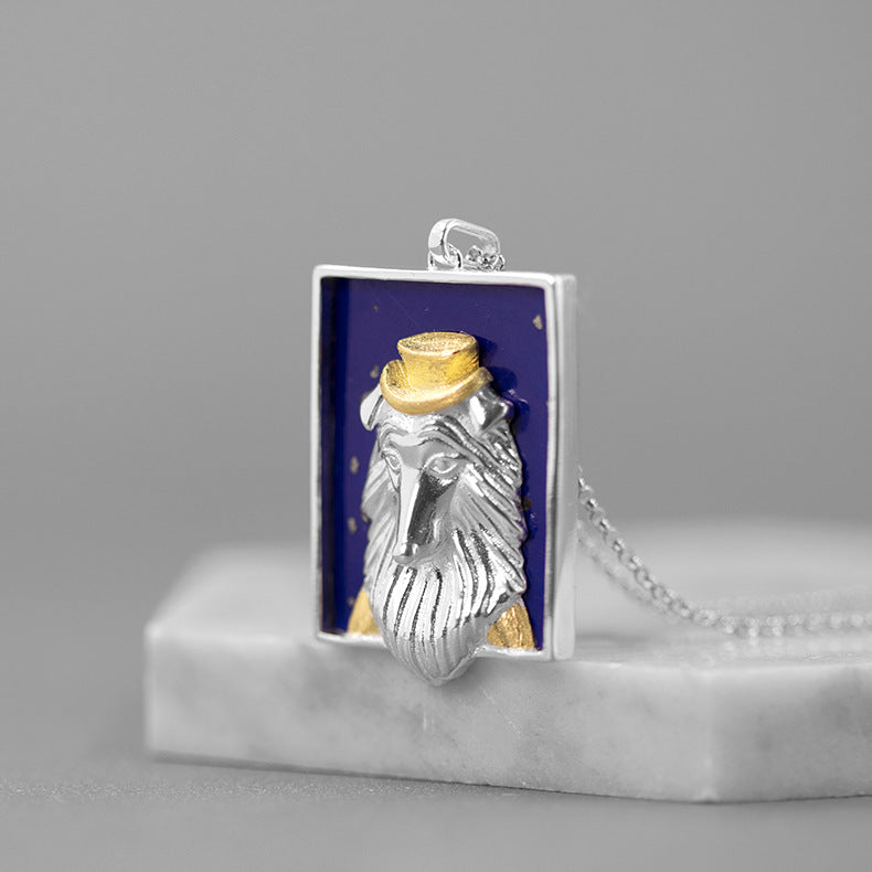 Collie Dog Portrait Pendant In Sterling Silver With Artificial Lapis Lazuli