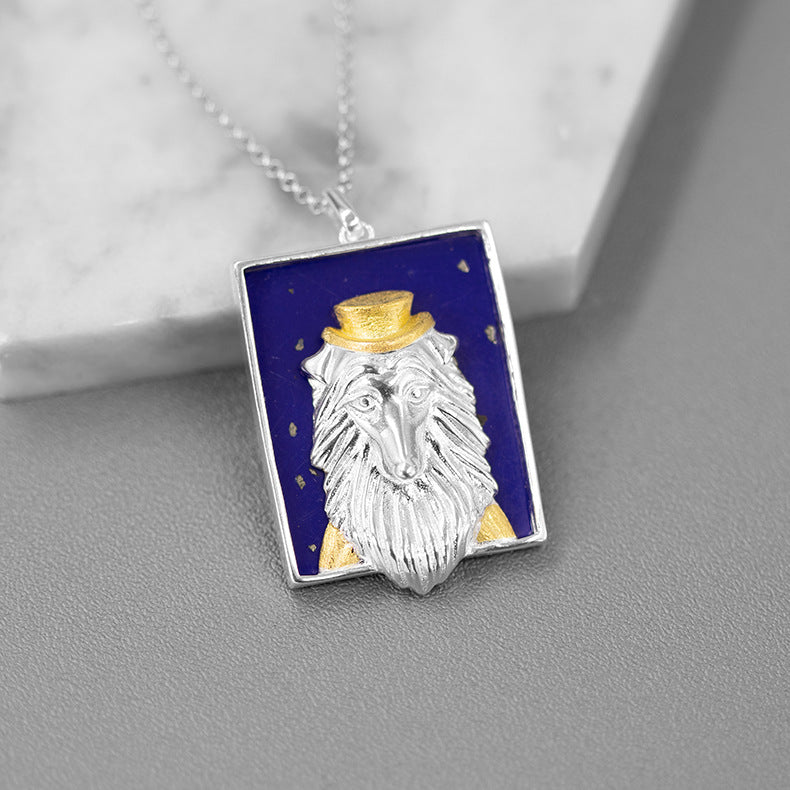 Collie Dog Portrait Pendant In Sterling Silver With Artificial Lapis Lazuli