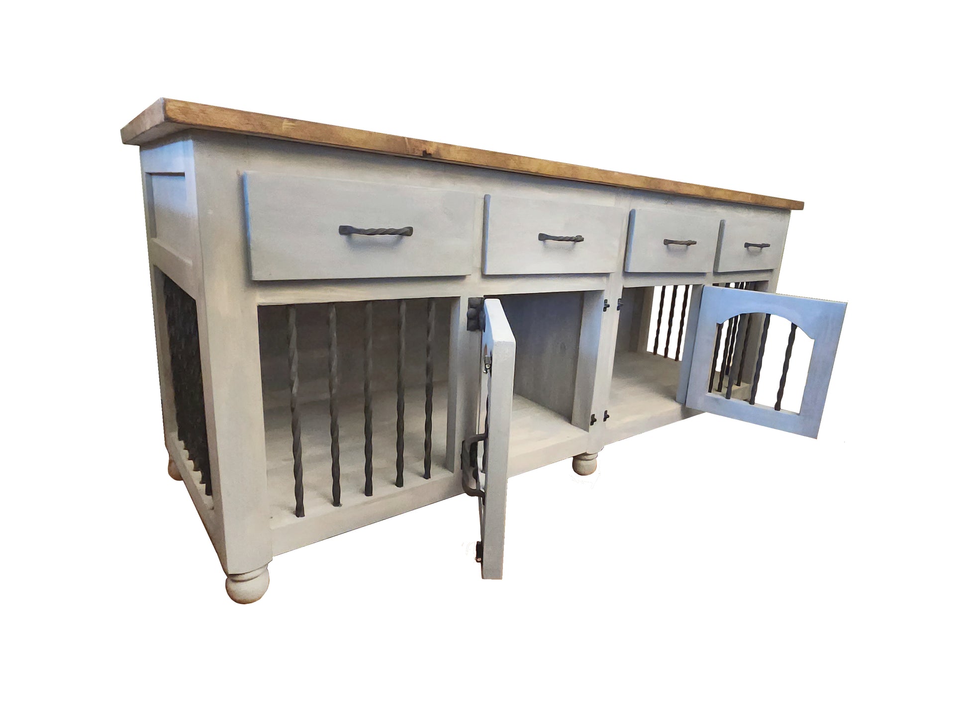 Gray rustic cottage - Double dog crate furniture - 84"L x 28"W x 36"H - The Dog Branch Large double dog crate furniture, Custom wood dog kennel, Farmhouse handcrafted woodworking, XXL size dog kennel, barn sliding door cabinet, wood dog crates, distressed white, wood stain dog kennels