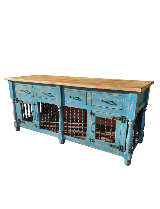 84"L x 28"W x 36"H_Rustic Teal Blue Four drawers_Dog Kennel Furniture