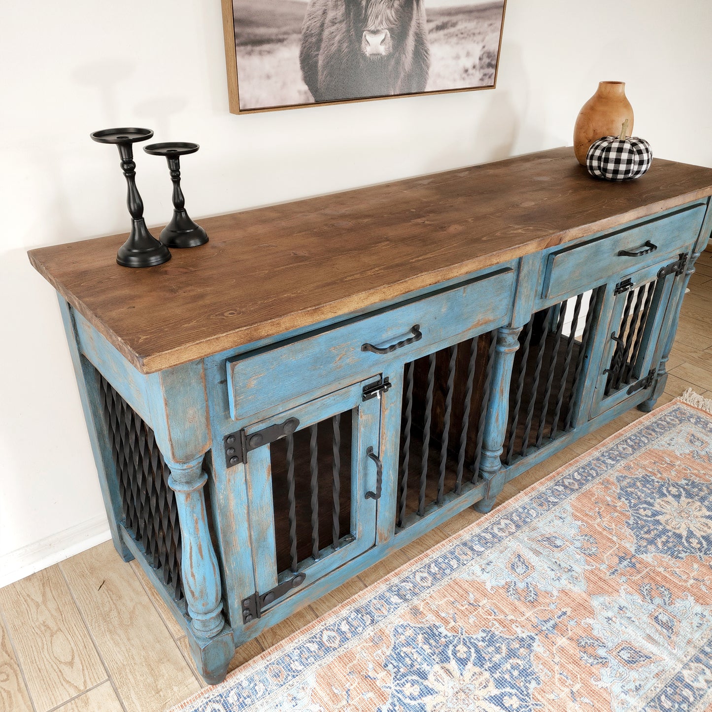 78"L x 24"W x 36"H - Unique Double dog crate furniture - Buffet dog kennel  [Patent Pending] Product - The Dog Branch Large double dog crate furniture, Custom wood dog kennel, Farmhouse handcrafted woodworking, XXL size dog kennel, barn sliding door cabinet, wood dog crates, distressed white, wood stain dog kennels